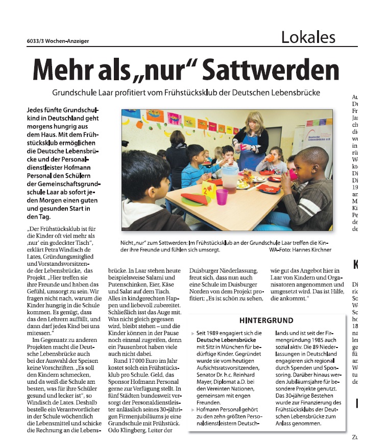 Mehr als “nur” Sattwerden – Grundschule Laar profitiert vom Frühstücksklub der Deutschen Lebensbrücke