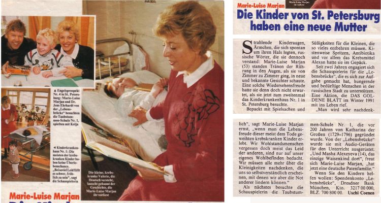 Foto aus einem Zeitungsartikel über Marie Luise Marjan in Das Goldene Blatt 1993: Marjan unterstützte die Kinderhilfe Deutsche Lebensbrücke zugunsten krebskranker Kinder in Russland