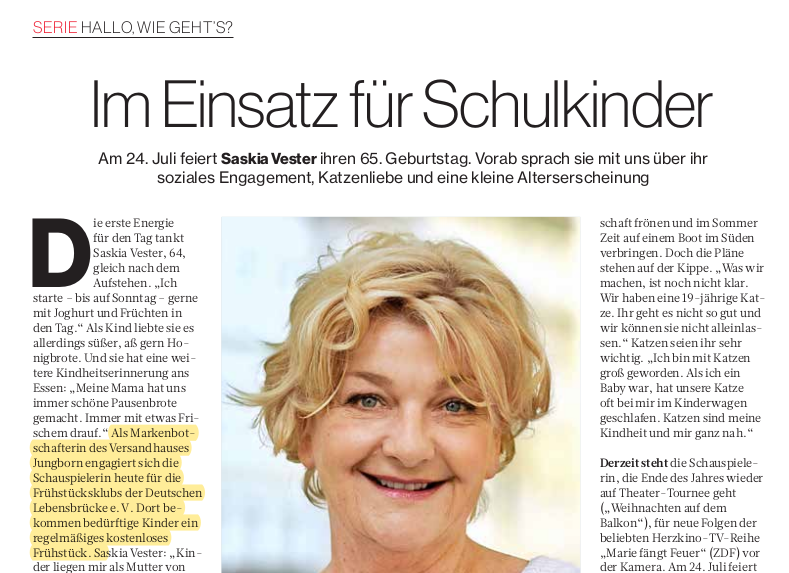Magazin Artikel über Saskia Vester, Botschafterin für die Kinderhilfe Deutsche Lebensbrücke